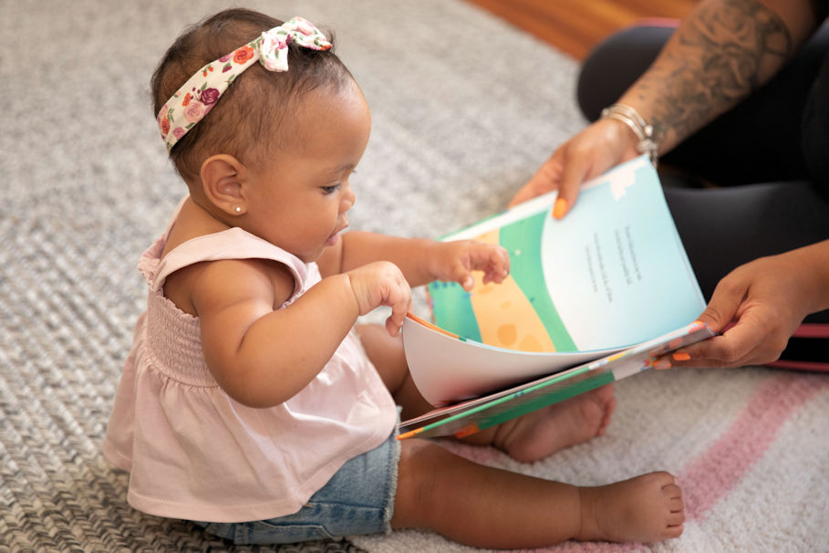 Baby with adult reading a picture book