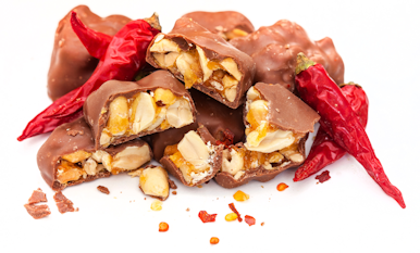 Peanut brittle covered in chili and chocolate